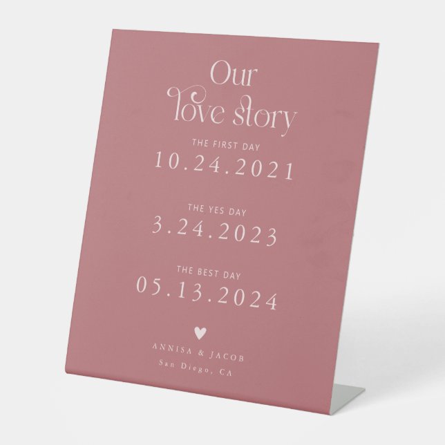 Retro Our Love Story Pink Wedding Timeline Pedestal Sign (Front)