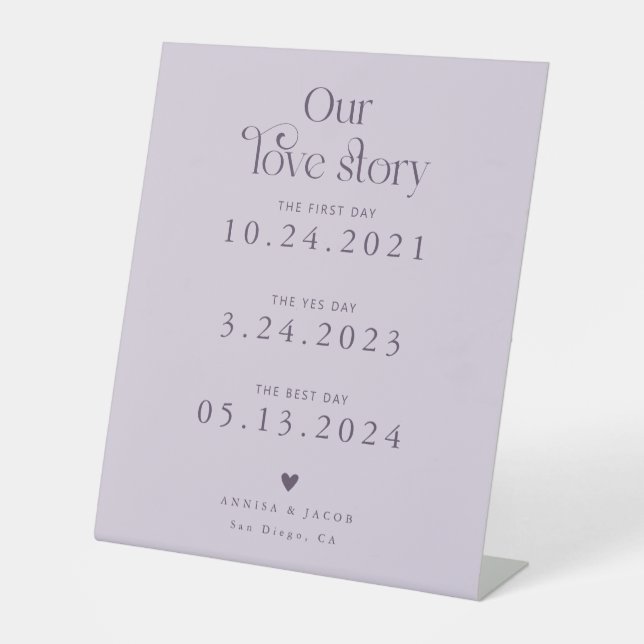 Retro Our Love Story Purple Wedding Timeline Pedestal Sign (Front)