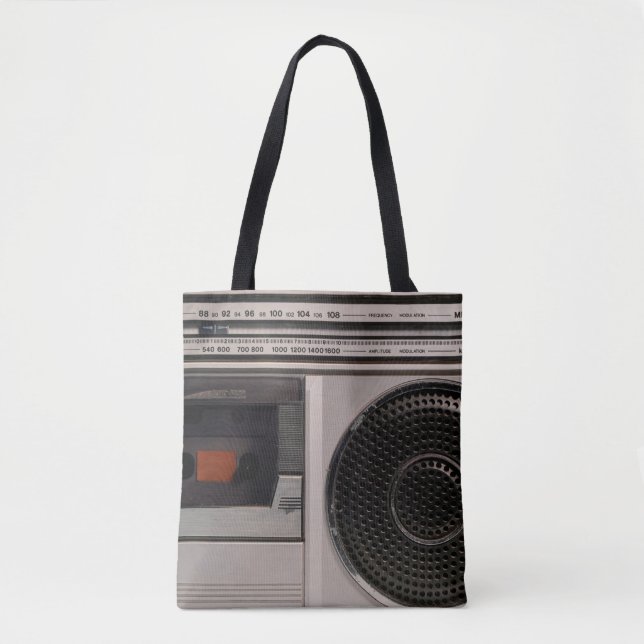 Retro outdated portable stereo radio cassette reco tote bag (Front)