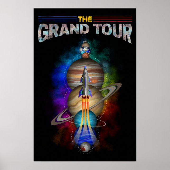 Retro Outer Space art with Space Ship and Planets Poster (Front)