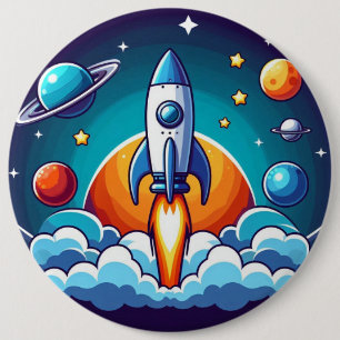 Retro, outer space rocket 6 cm round badge