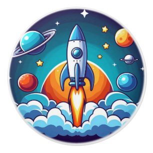 Retro, outer space rocket ceramic knob