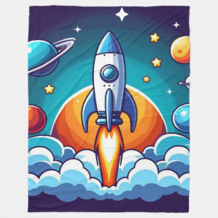 Retro, outer space rocket fleece blanket