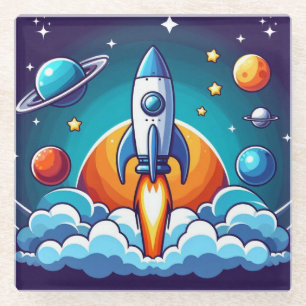 Retro, outer space rocket glass coaster