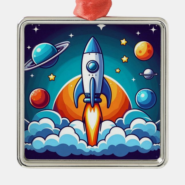 Retro, outer space rocket metal tree decoration (Front)