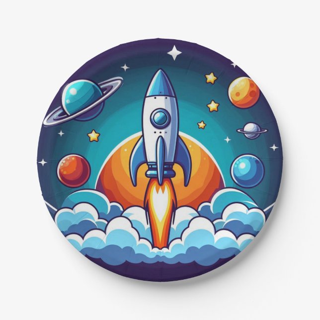 Retro, outer space rocket paper plate (Front)
