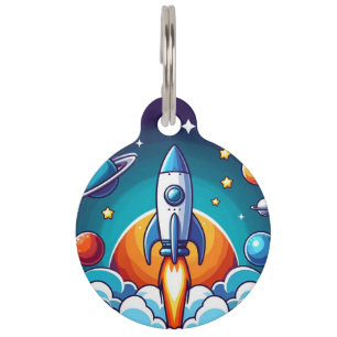Retro, outer space rocket pet tag
