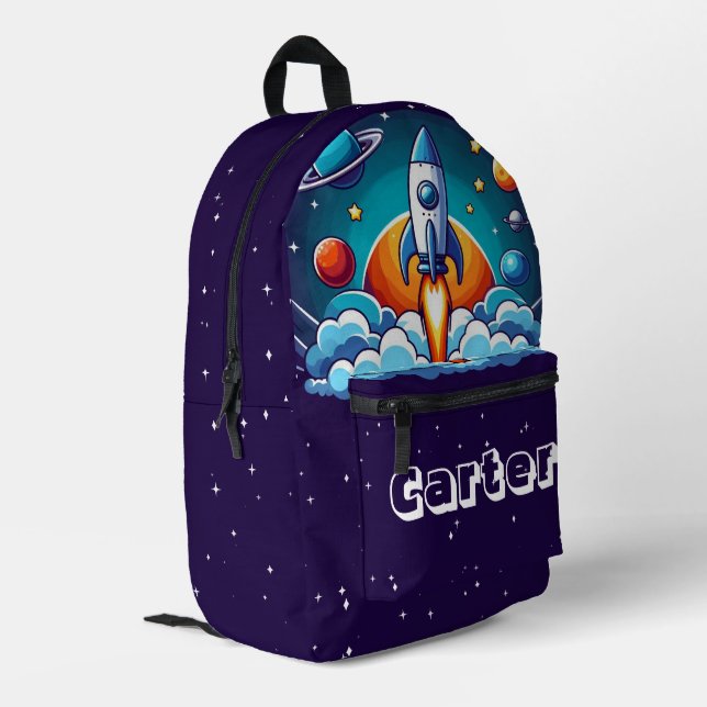 Retro, outer space rocket printed backpack (Back Corner Left)
