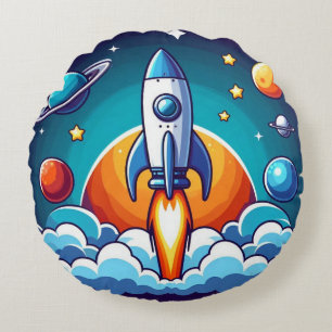 Retro, outer space rocket round cushion