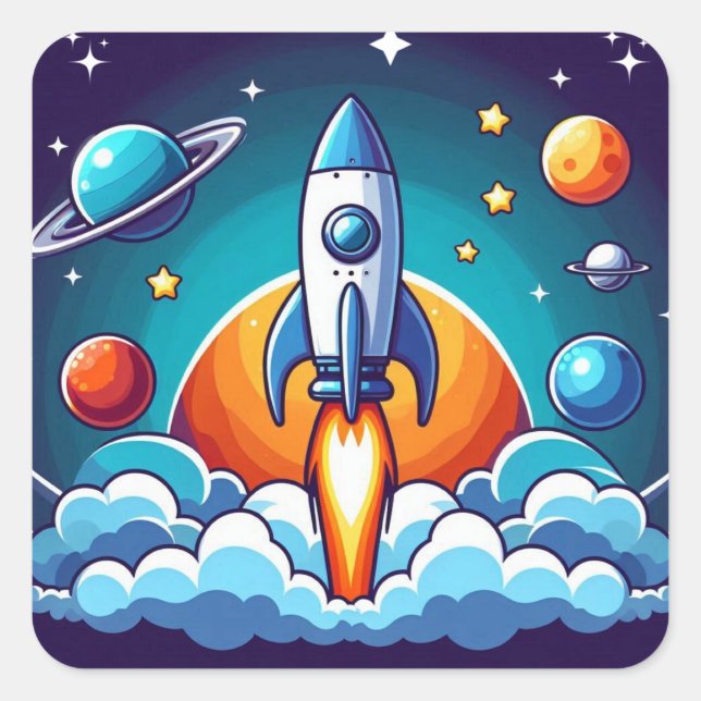Retro, outer space rocket square sticker (Front)