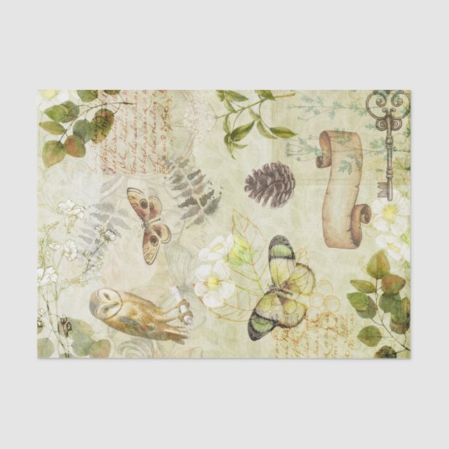 Retro Owl Butterfly Pine Leaves Floral Decoupage  Tissue Paper (Front)