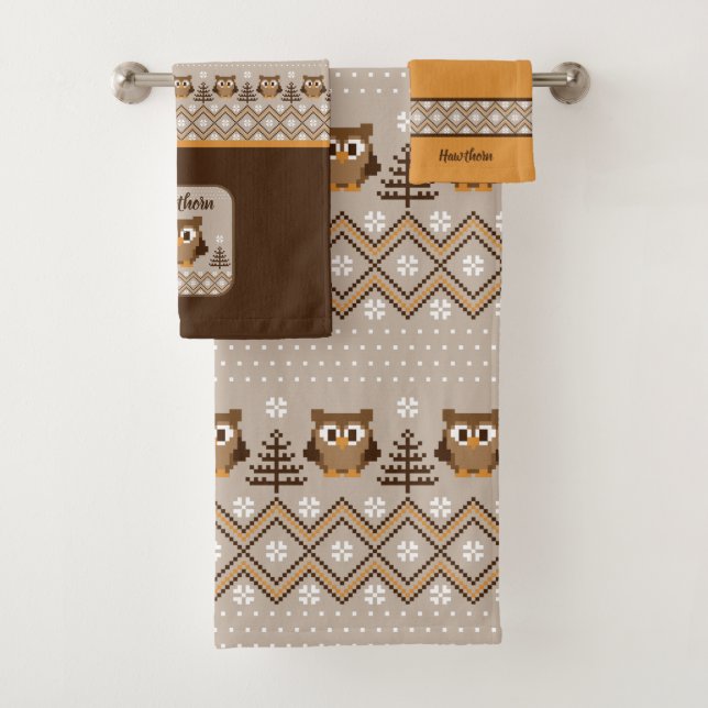 Retro Owl Knitted Design Bath Towel Set (Insitu)