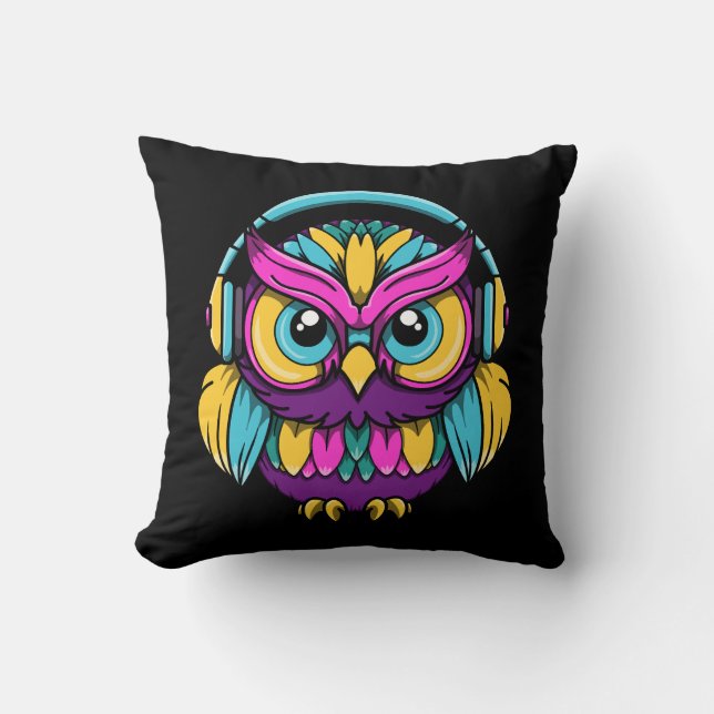 Retro Owl Wearing Headphones Cushion (Front)