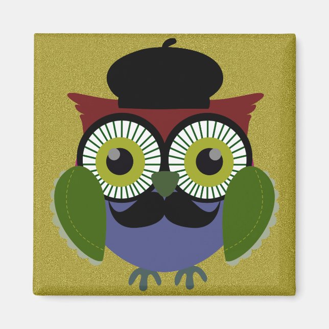 Retro Owl with Moustache Magnet (Front)