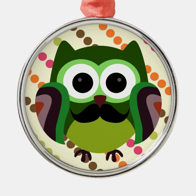 Retro Owl with Moustache Metal Tree Decoration (Front)