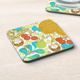 Retro Owls Leaves Fruit in Turquoise Green Brown Coaster