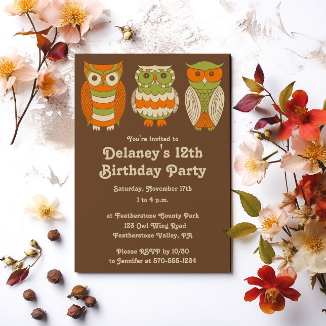 Retro Owls on Brown Custom Party Invitation (Creator Uploaded)