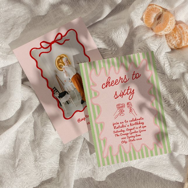Retro Painted 60th Pink Red Stripes Photo Birthday Invitation (Creator Uploaded)