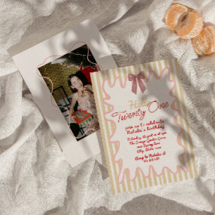 Retro Painted Bow Hello Twenty One Photo Birthday  Invitation
