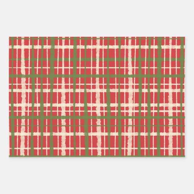 Retro Painted Plaid Christmas Patterns Wrapping Paper Sheet (Front)