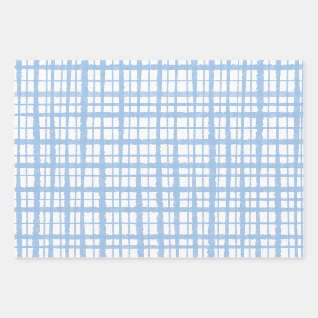 Retro Painted Plaid Pattern in Baby Blue and White Wrapping Paper Sheet (Front)