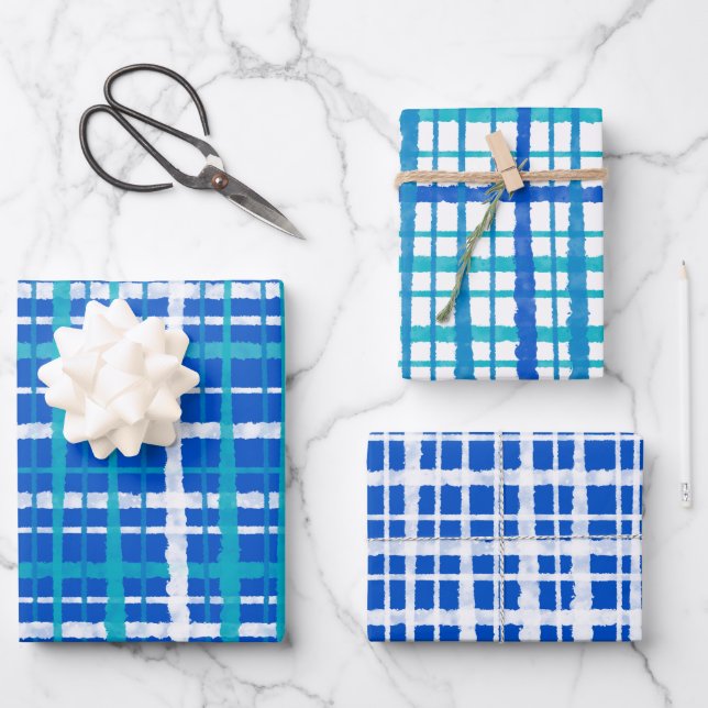 Retro Painted Plaid Pattern in Blue and White Wrapping Paper Sheet (Front)