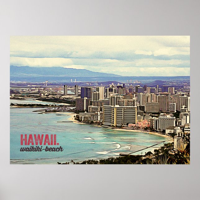 Retro Painting Hawaii Waikiki Beach Poster (Front)