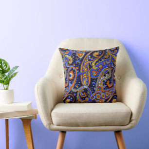 Retro Paisley Pattern Blue White Orange Colourful Cushion