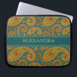 Retro Paisley Pattern Worm Tones-Monogram Laptop Sleeve<br><div class="desc">Worm tones retro paisley pattern on blue-green background. Customisable and optional monogram. Available on other products.</div>