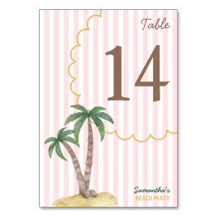 Retro Palm Beach Pink Stripe Tropical Bachelorette Table Number