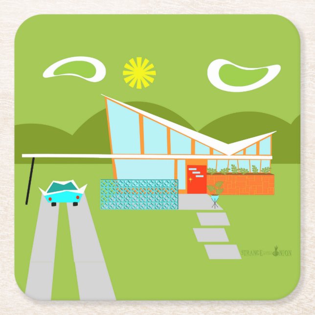 Retro Palm Springs House Hard Paper Coaster (Front)