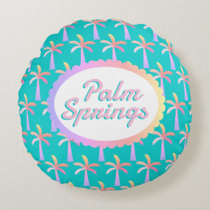 Retro Palm Springs Turquoise Tropical Palms Round Cushion