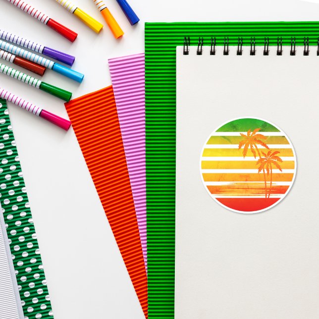 Retro Palm Tree Sunset   Classic Round Sticker (Creator Uploaded)