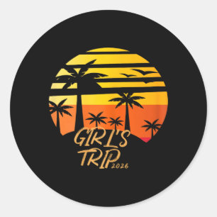 Retro Palm Tree Sunset Girl Text Design Classic Round Sticker