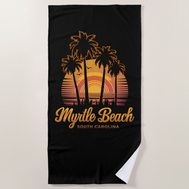 Retro Palm Tree Sunset South Carolina Myrtle Beach Beach Towel (Front)