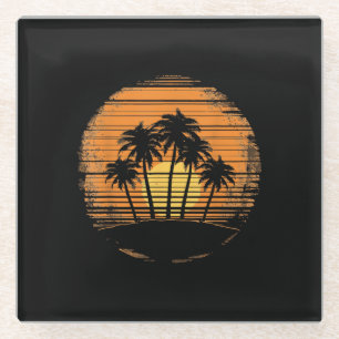 Retro Palm Tree Sunset Summer Beach Vintage Tropic Glass Coaster