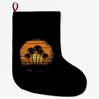 Retro Palm Tree Sunset Summer Beach Vintage Tropic Large Christmas Stocking