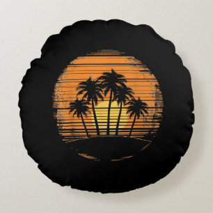 Retro Palm Tree Sunset Summer Beach Vintage Tropic Round Cushion
