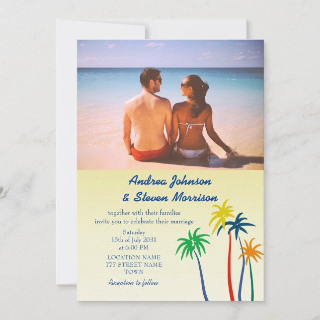 Retro Palm Tree Tropical Beach Wedding Invitation (Front)