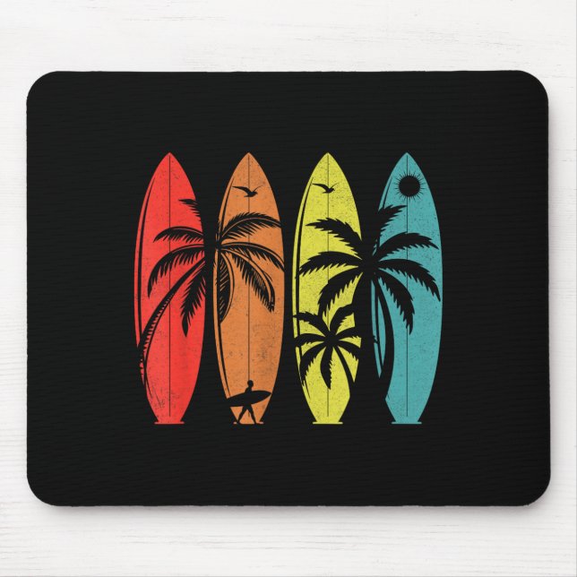 Retro Palm Tree Tropical Hawaiian Beach Surfboard Mouse Mat (Front)