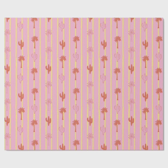 Retro Palm Trees and Cactus in Yellow Stripes Wrapping Paper (Flat)