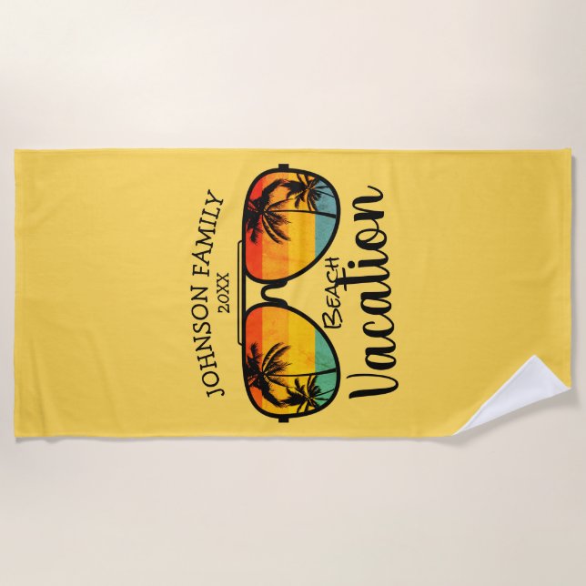 Retro Palm Trees Sunglasses Family Vacation  Beach Towel (Front)