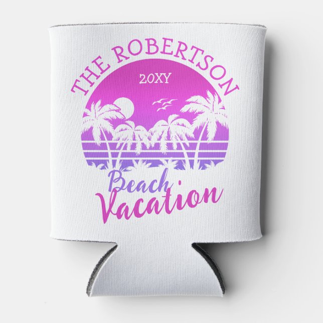 Retro Palm Trees Sunset 60s Family Vacation Trip Can Cooler (Front)