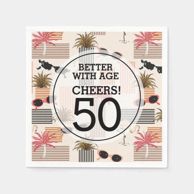 Retro Palms Flamingos Birthday Party Napkin (Front)