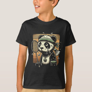 Retro Panda Badminton Player Racket Shuttle  T-Shirt