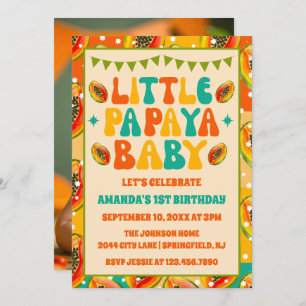 Retro Papaya 1st Birthday Party Photo Invitation