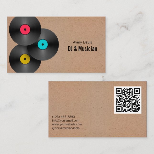 Retro Party Deejay DJ Vinyl Record QR Code Business Card (Front/Back)