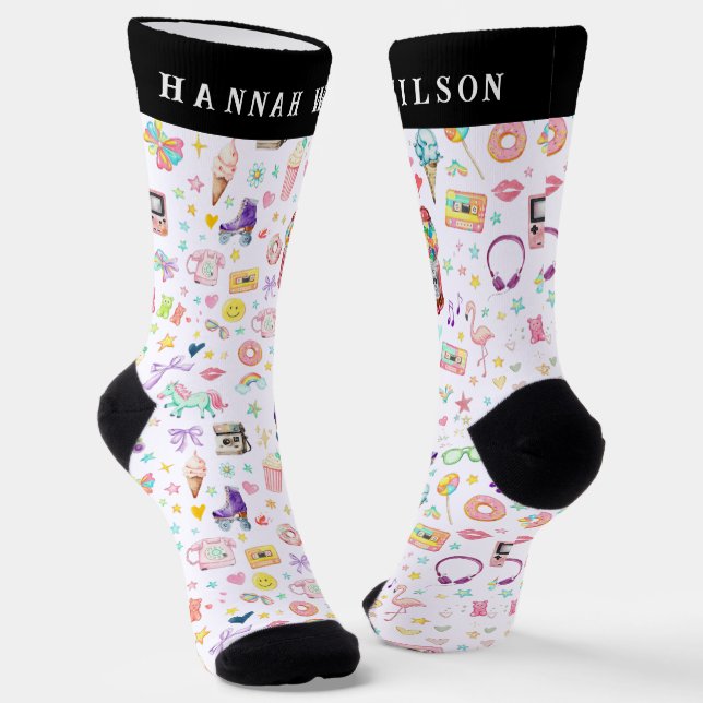 Retro Party Icons Custom Name Crew Socks (Angled)
