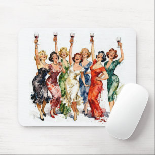 Retro Party Ladies with Red Wine Mouse Mat