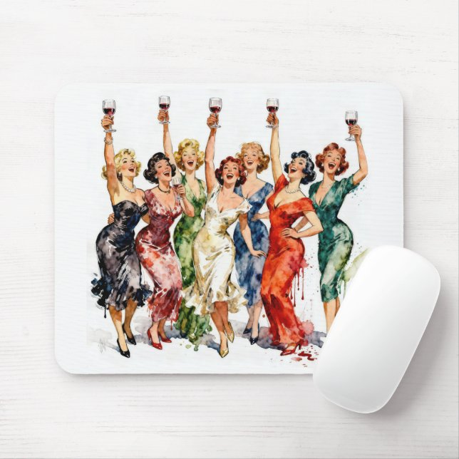 Retro Party Ladies with Red Wine Mouse Mat (With Mouse)